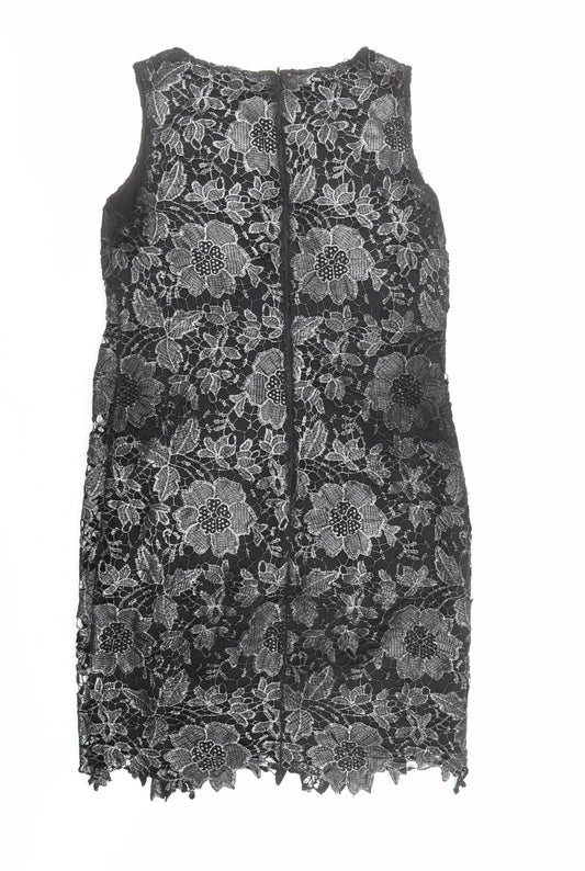 Roman Womens Black Floral Polyester A-Line Size 12 Round Neck Zip