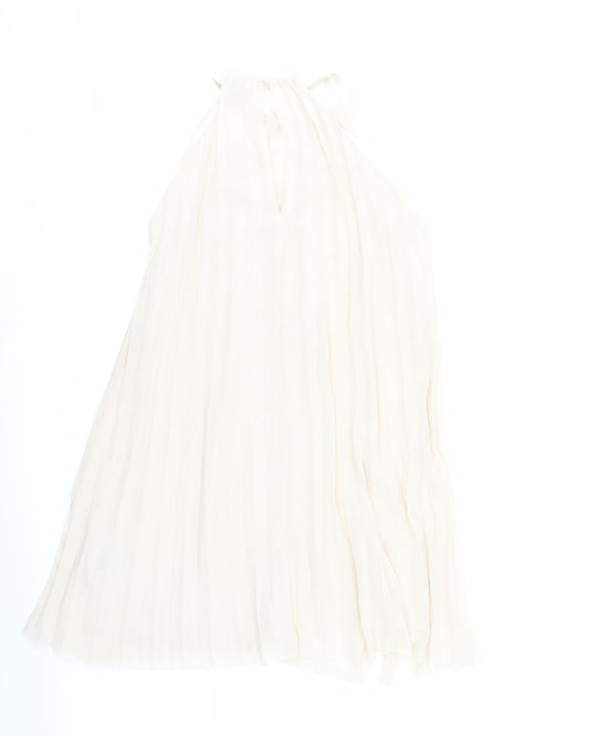 H&M Womens Beige Polyester Trapeze & Swing Size S Round Neck Button - Pleated