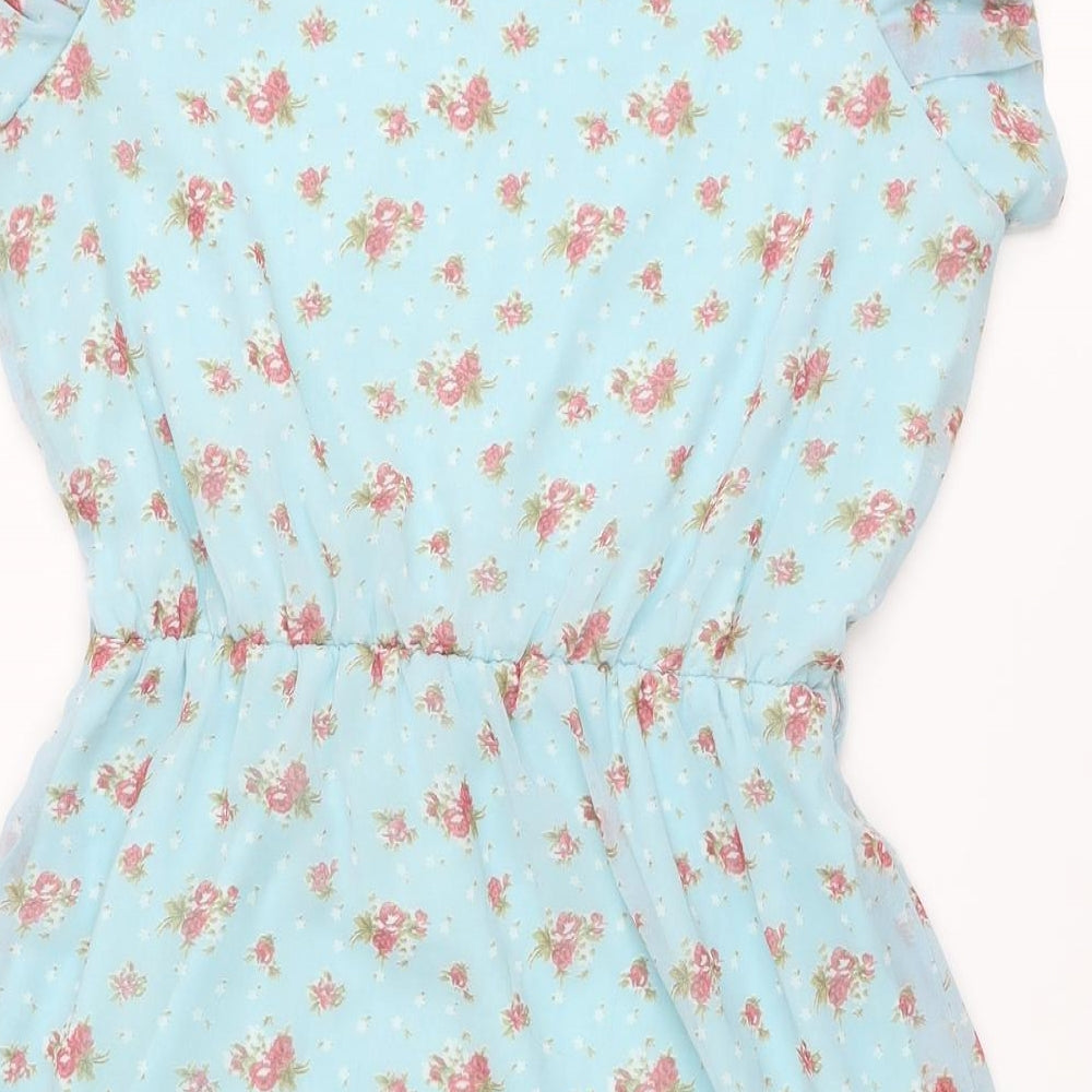 Ruby Rocks Womens Blue Floral Polyester A-Line Size 14 Boat Neck Pullover