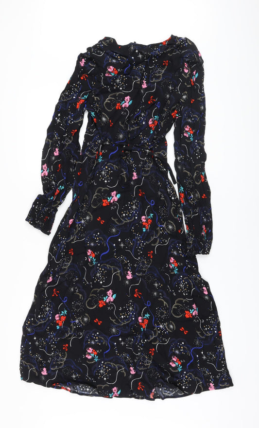 Marks and Spencer Womens Black Fair Isle Viscose A-Line Size 10 V-Neck Zip