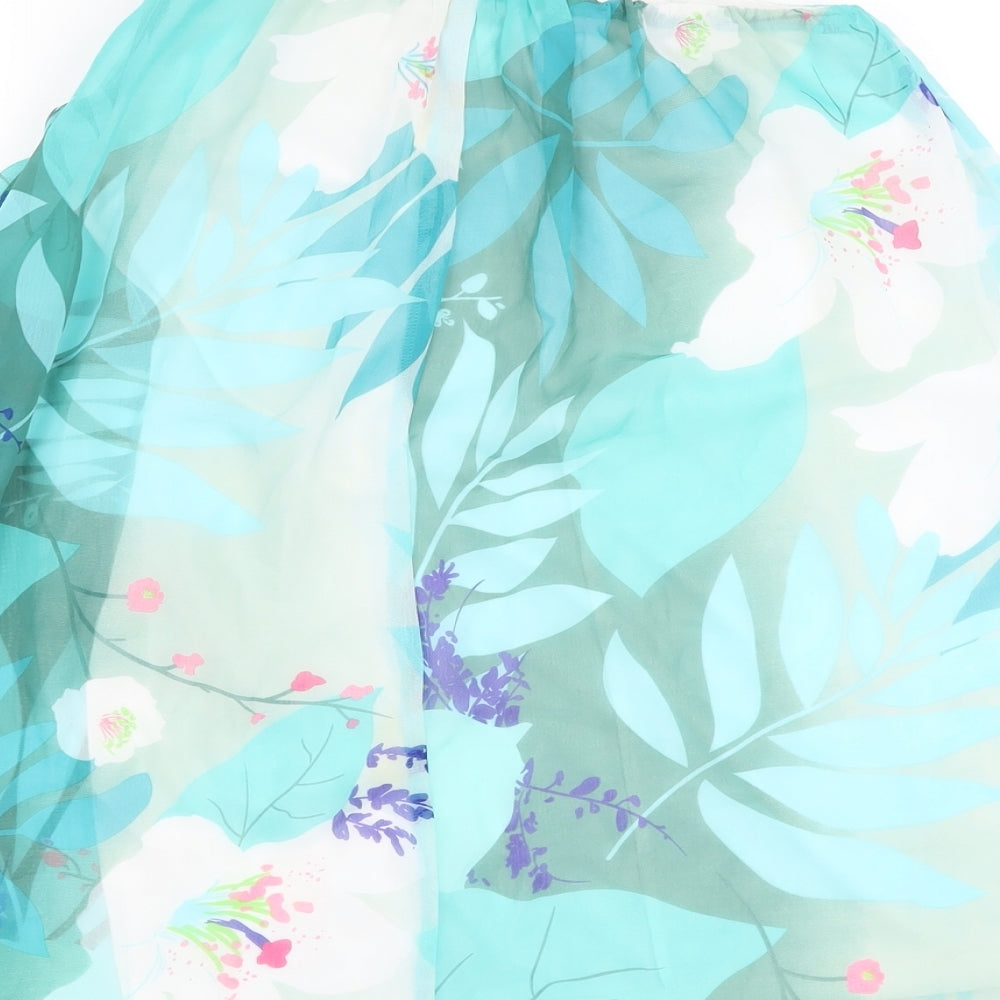 Brand and care label for Be Beau women’s blue floral polyester basic blouse, size UK 10, one shoulder