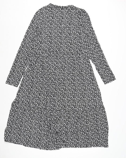Marks and Spencer Womens Black Geometric Viscose A-Line Size 10 Round Neck Pullover - Star and Heart Print
