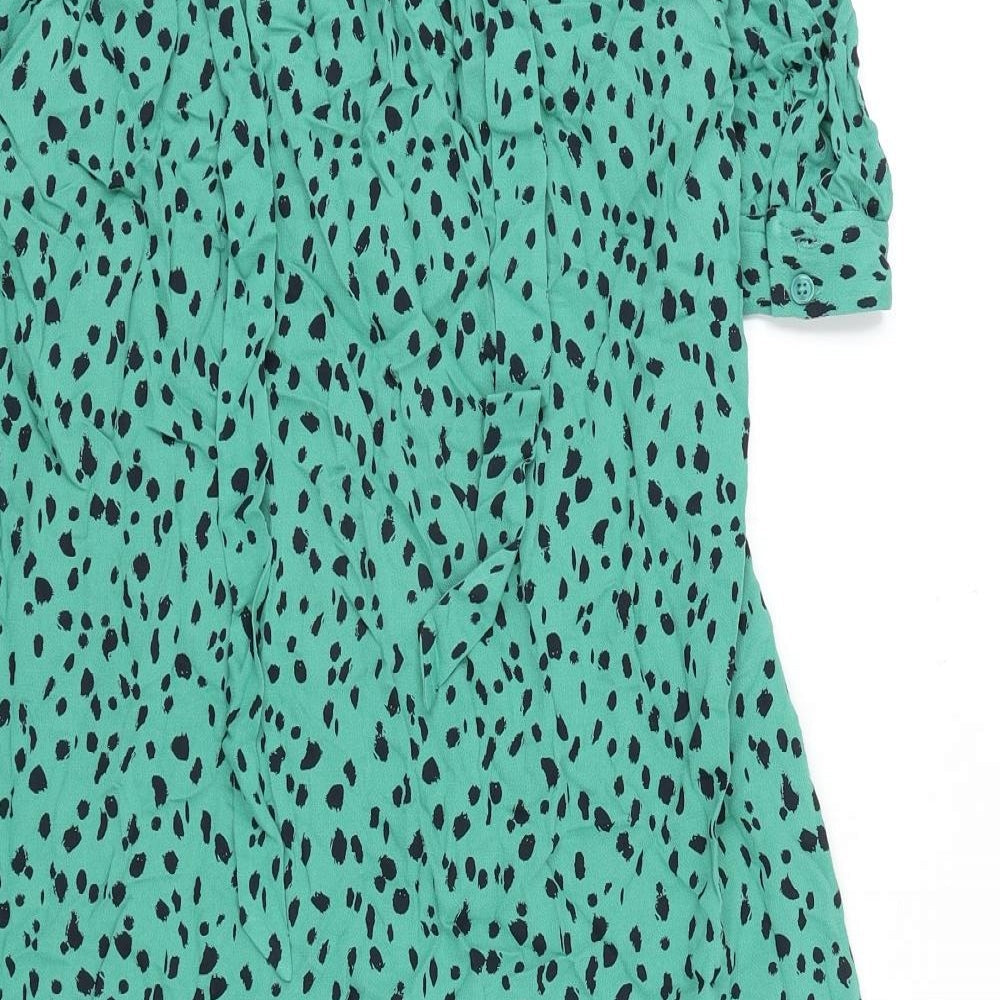 Marks and Spencer Womens Green Geometric Viscose A-Line Size 8 Round Neck Button - Tie Detail
