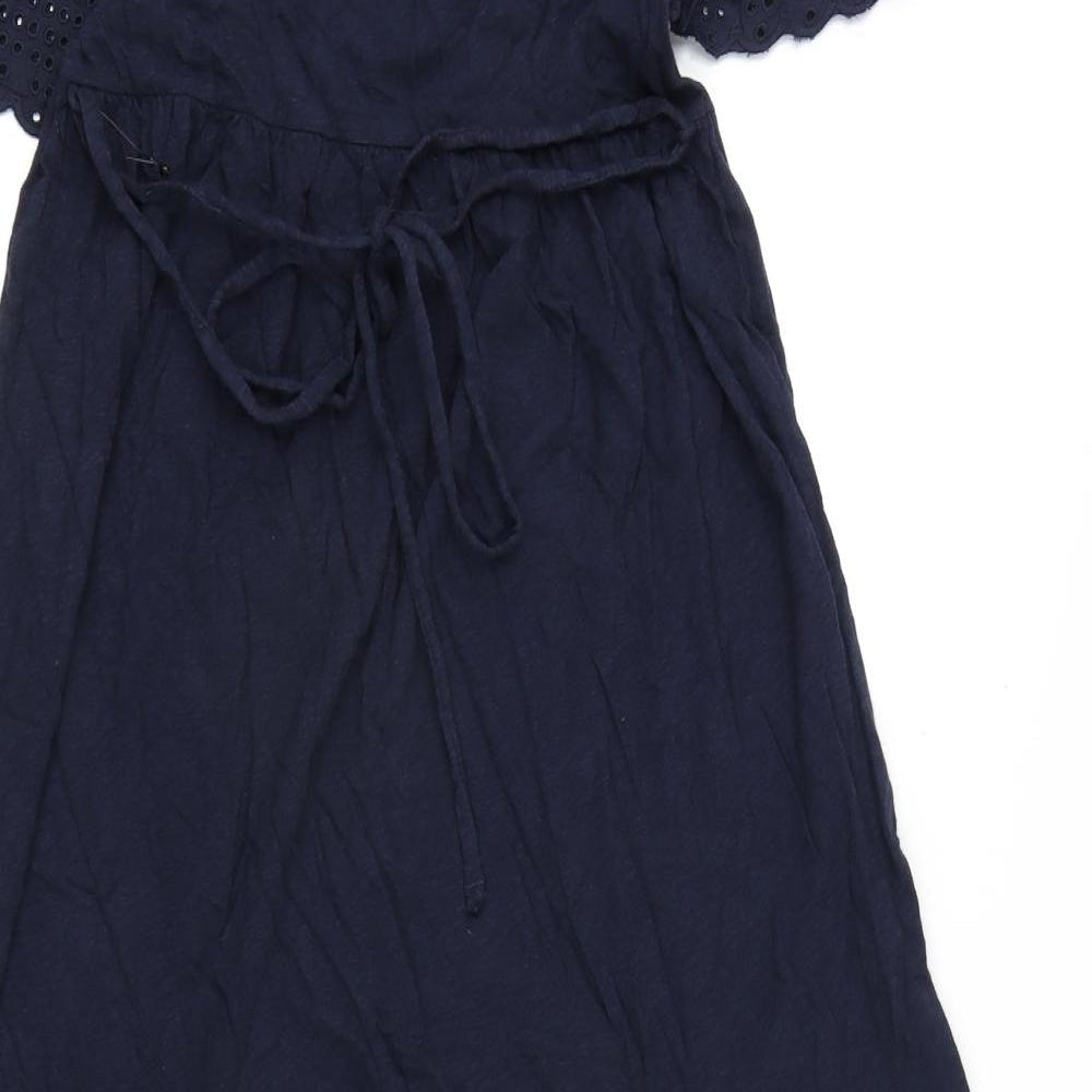 Marks and Spencer Womens Blue Cotton A-Line Size 6 Round Neck Button - Embroidery