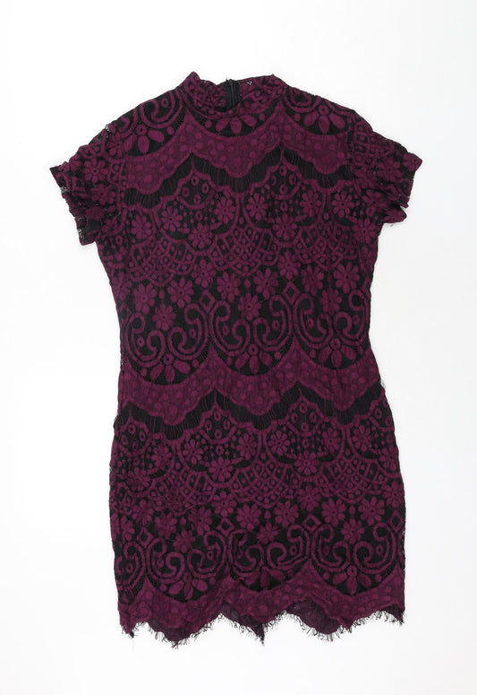 Boohoo Womens Purple Geometric Cotton Bodycon Size 14 Mock Neck Zip