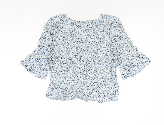 Divided by H&M Womens Blue Floral Viscose Cropped Blouse Size 6 V-Neck - Drawstring Detail