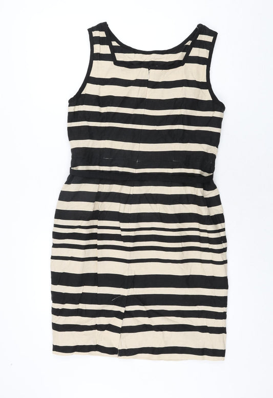 South Womens Beige Striped Linen Shift Size 12 Round Neck Zip - Belted