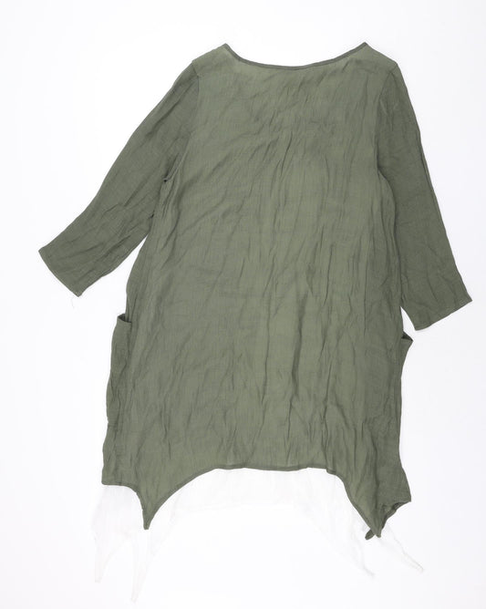 Apricot Womens Green Linen Shift Size 10 Round Neck Pullover - Layered