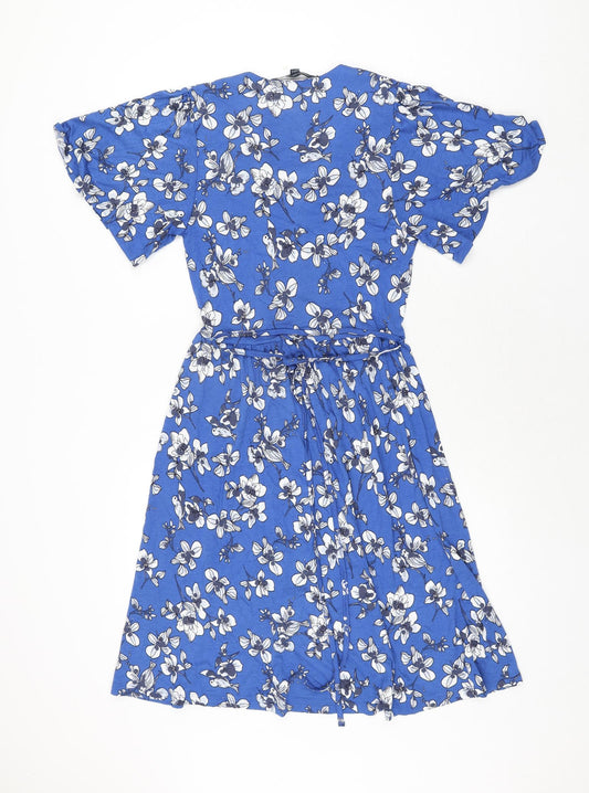 French Connection Womens Blue Floral Viscose Shift Size 6 V-Neck Button - Belted