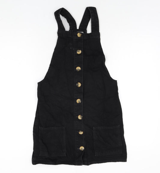 Additional front view of Denim & Co. women’s black cotton pinafore/dungaree dress, size UK 6, square neck button