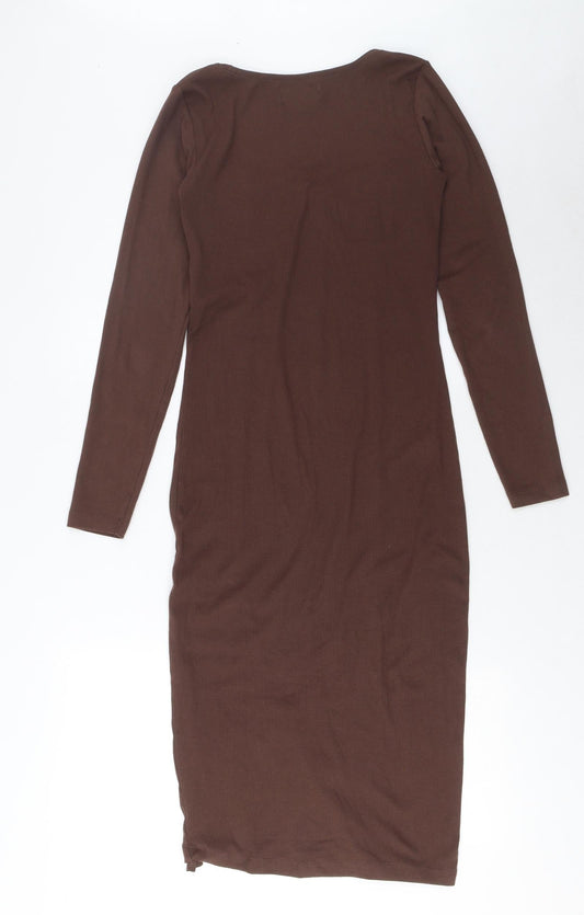 Brave Soul Womens Brown Cotton Bodycon Size S Square Neck Pullover - Side Slit