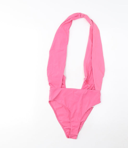 Zara Womens Pink Polyamide Bodysuit One-Piece Size M Snap - Pleated, Open Back