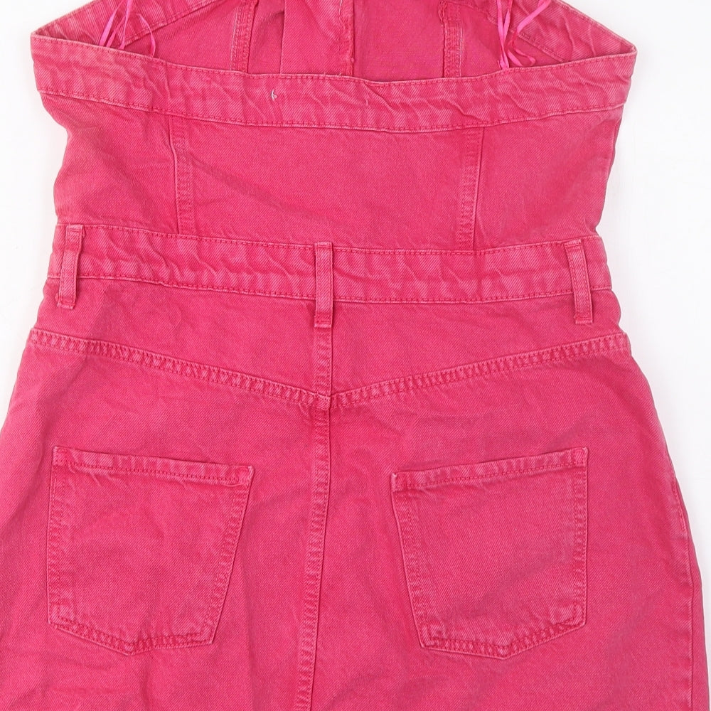 Zara Womens Pink Cotton A-Line Size L Square Neck Button - Pockets