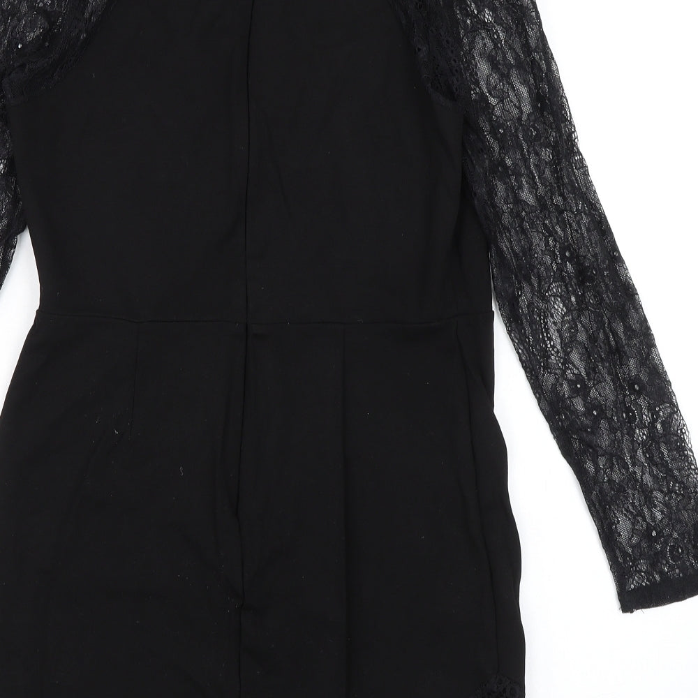 Brand and care label for Miss Selfridge women’s black viscose pencil dress, size UK 12, round neck zip - lace sleeves