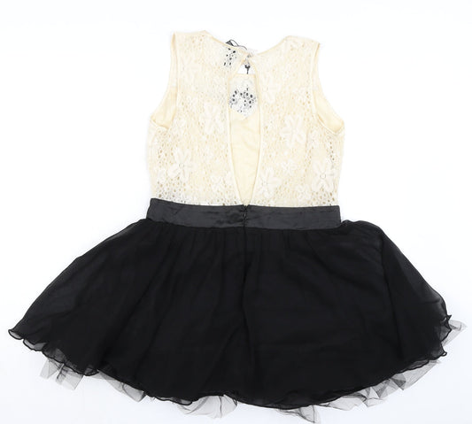 Izabel London Womens Black Cotton A-Line Size 12 Boat Neck Button - Lace Detail