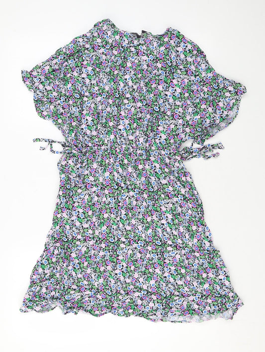 Marks and Spencer Womens Blue Floral Viscose A-Line Size 10 V-Neck Pullover