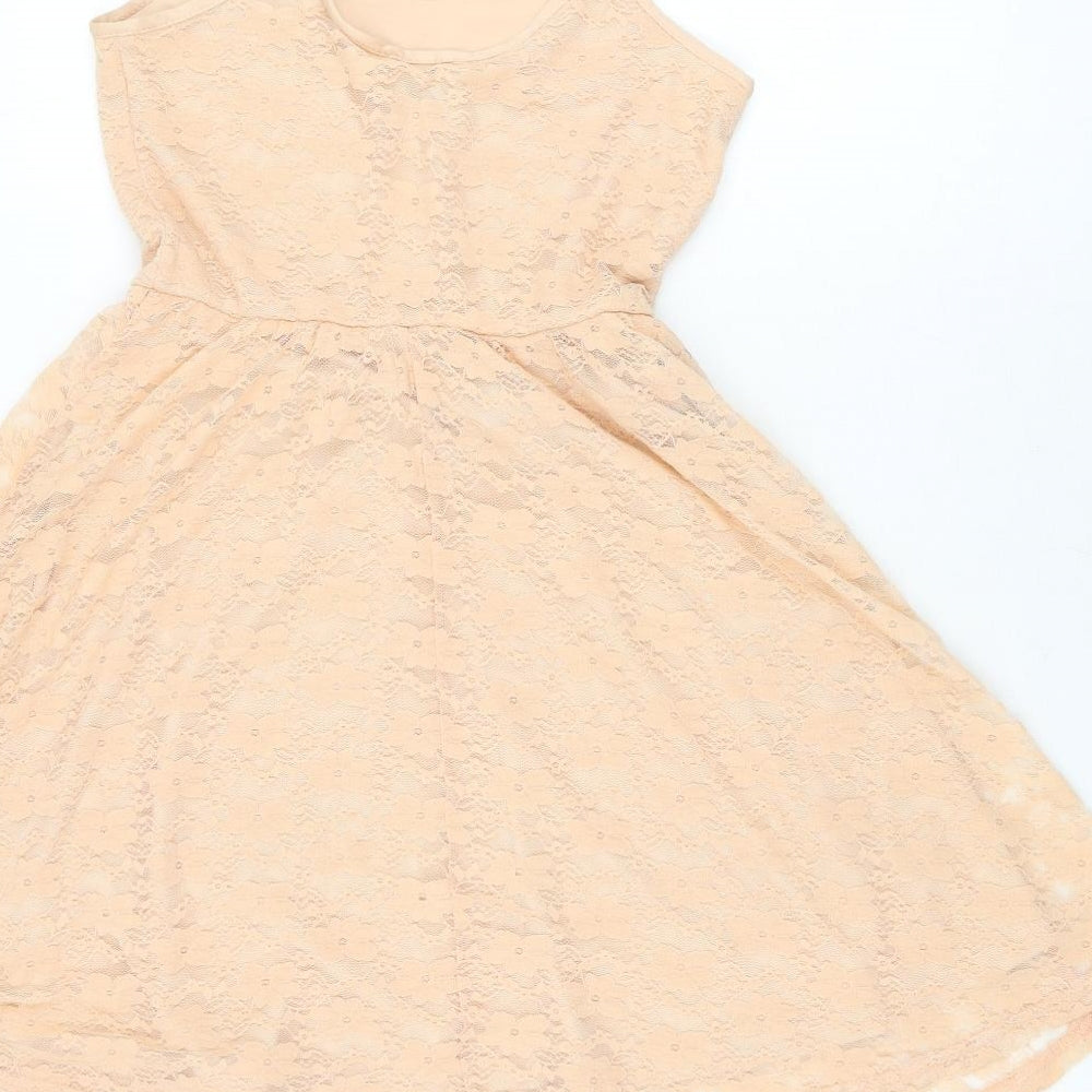 Brand and care label for ASOS women’s pink floral nylon skater dress, size UK 6, scoop neck pullover