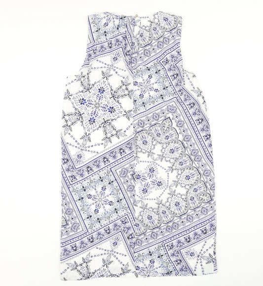 H&M Womens Blue Geometric Polyester A-Line Size 8 Round Neck Button