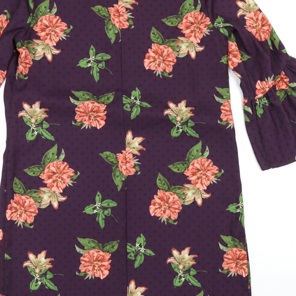Marks and Spencer Womens Purple Floral Polyester A-Line Size 10 V-Neck Pullover