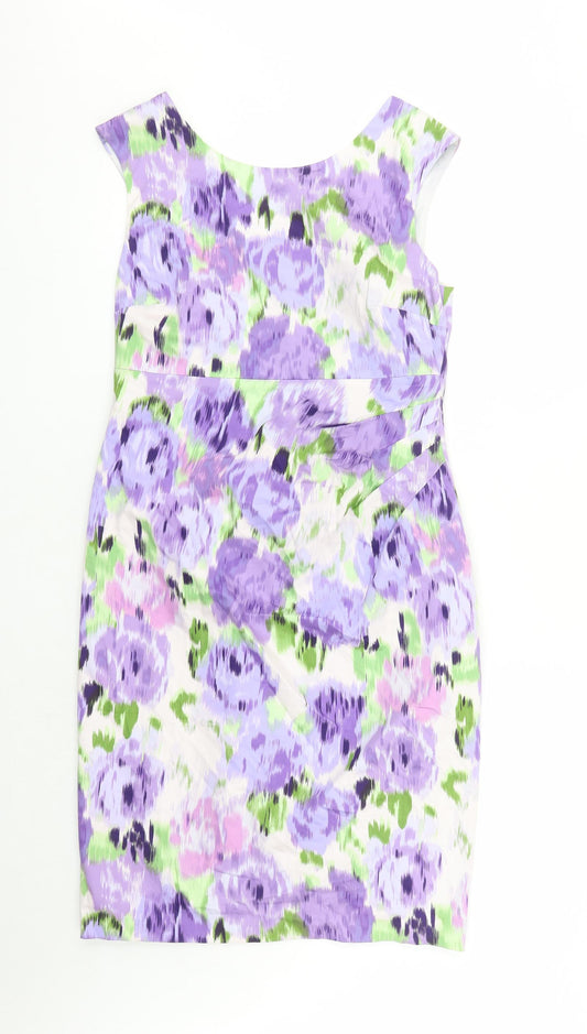 Additional front view of Kaliko women’s purple geometric cotton a-line, size UK 10, round neck zip - lined