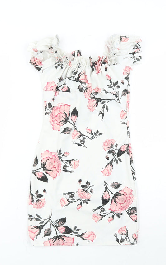 Missguided Womens White Floral Polyester Mini Size 6 Round Neck Pullover