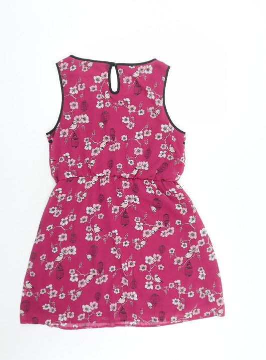 Dorothy Perkins Womens Pink Floral Polyester A-Line Size 14 Round Neck Button