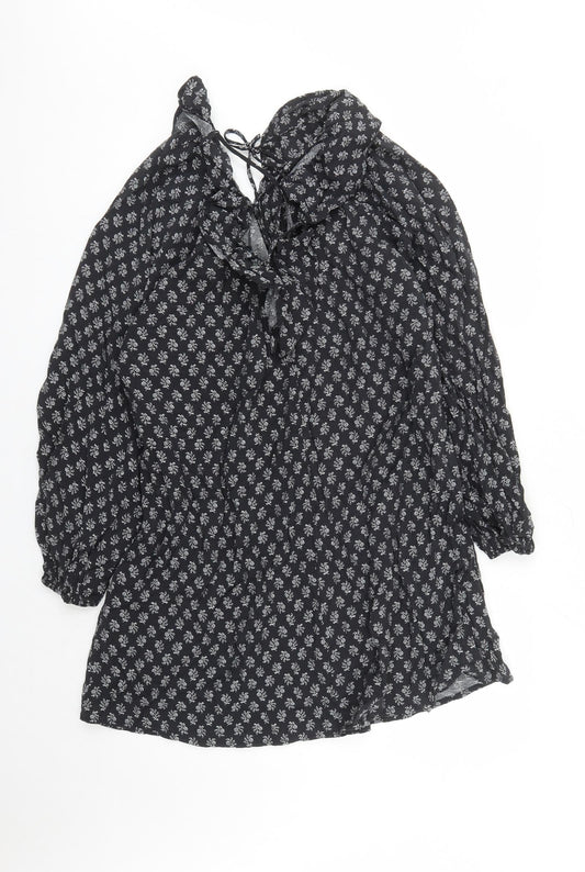 Divided by H&M Womens Black Floral Viscose A-Line Size M V-Neck Pullover - Tie Detail