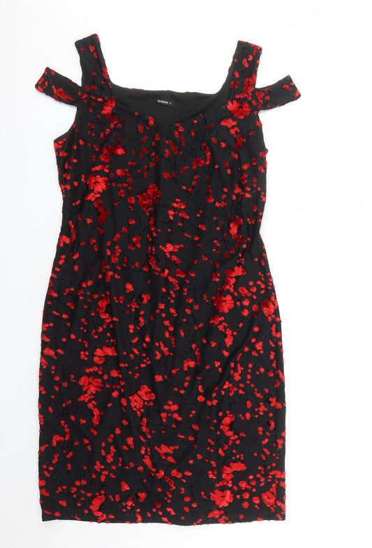Additional front view of Roman women’s black geometric viscose a-line, v-neck pullover - embroidered flowers glitter detail