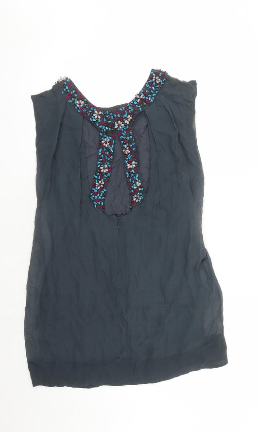 French Connection Womens Grey Silk Basic Blouse Size 6 Round Neck - Beaded Neckline