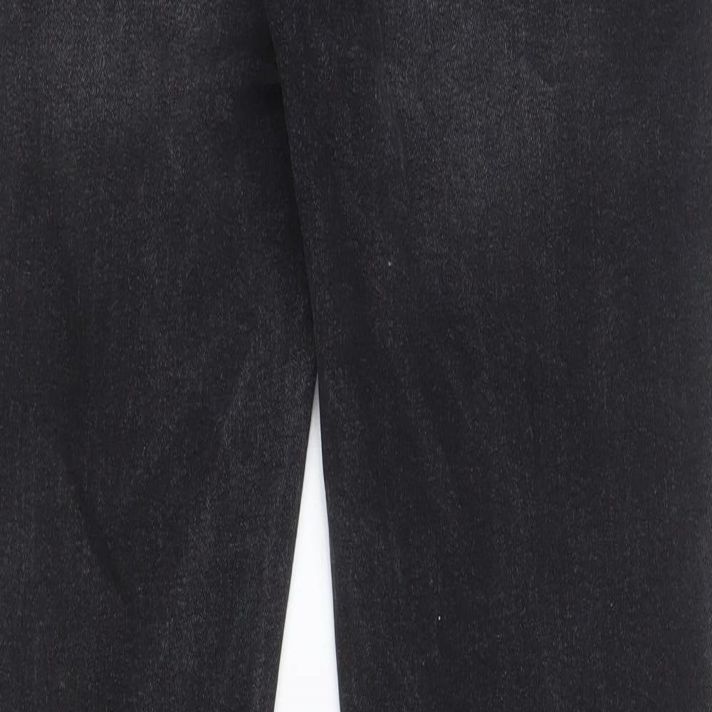 Brand and care label for ASOS men’s grey cotton tapered jeans, size 30, in, 30-inch leg regular zip - pockets, belt loops