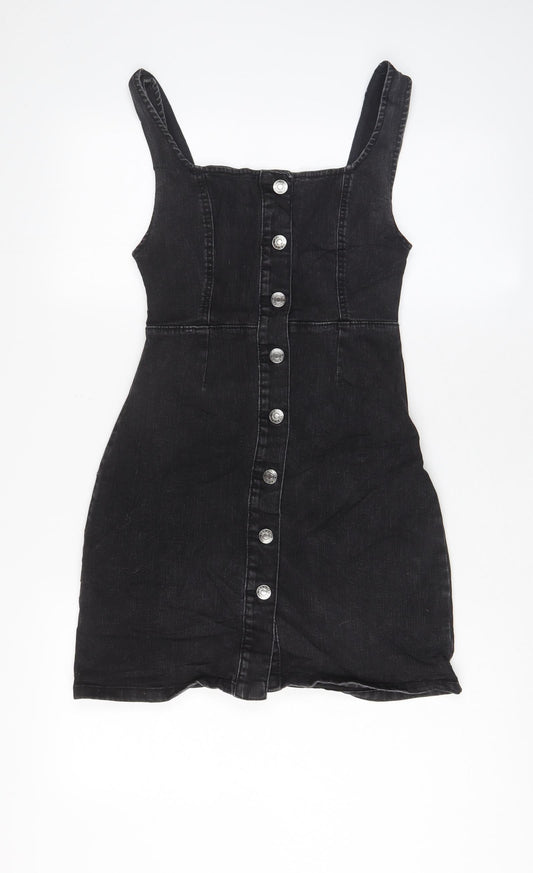 Additional front view of Denim & Co. women’s grey cotton pinafore/dungaree dress, size UK 6, square neck button