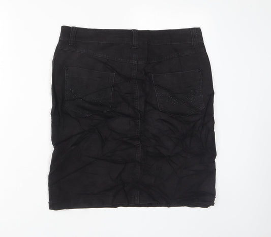 Marks and Spencer Womens Black Cotton A-Line Skirt Size 10 Zip - Studded, Pockets