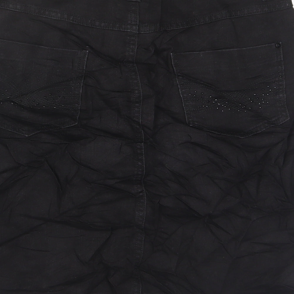 Marks and Spencer Womens Black Cotton A-Line Skirt Size 10 Zip - Studded, Pockets