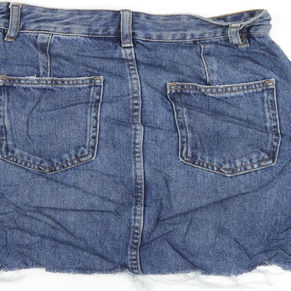 Brand and care label for ASOS women’s blue cotton a-line skirt, size UK 8, zip