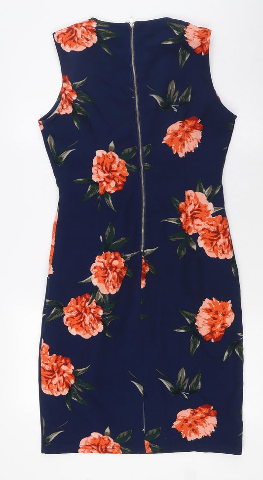 Apricot Womens Blue Floral Polyester A-Line Size 10 V-Neck Zip - Pockets