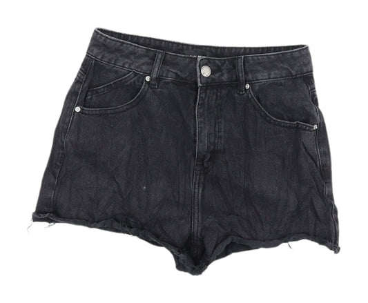 Additional front view of Urban Revivo Black High-Waisted Cut-Off Denim Shorts