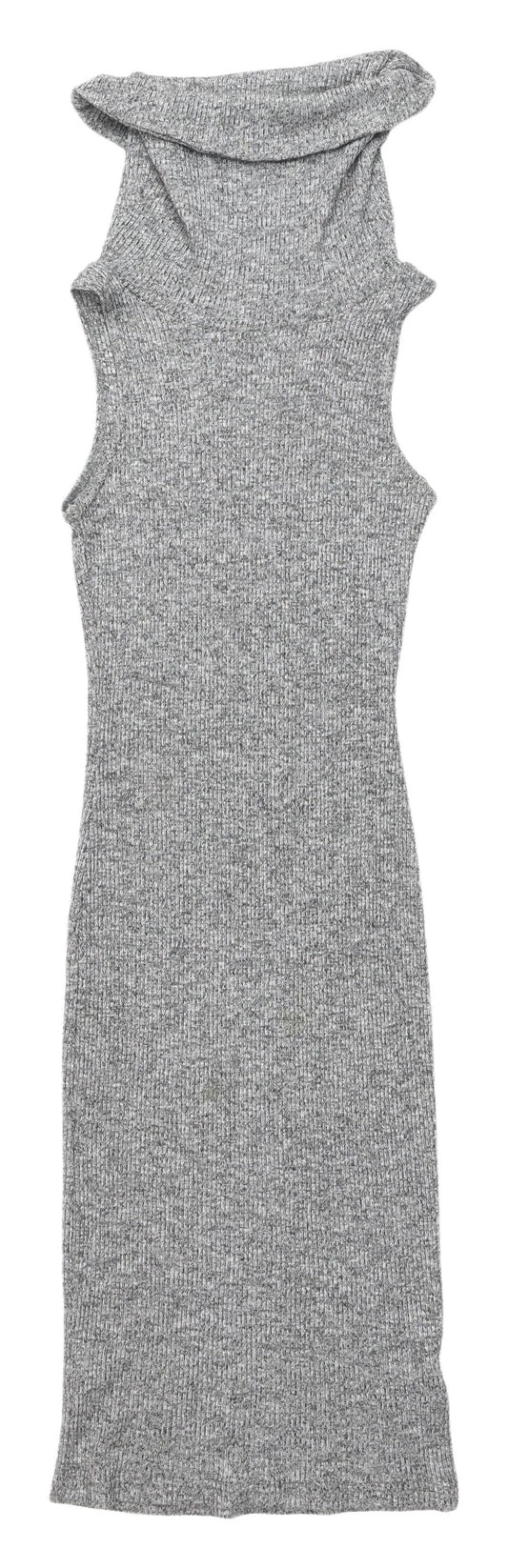 Additional front view of Lipsy London Grey Bodycon Midi Dress, size 12, Cowl Neck