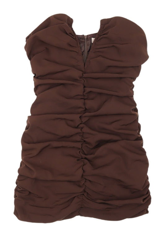 Additional front view of MISSPAP Brown Ruched Strapless Dress, size 10