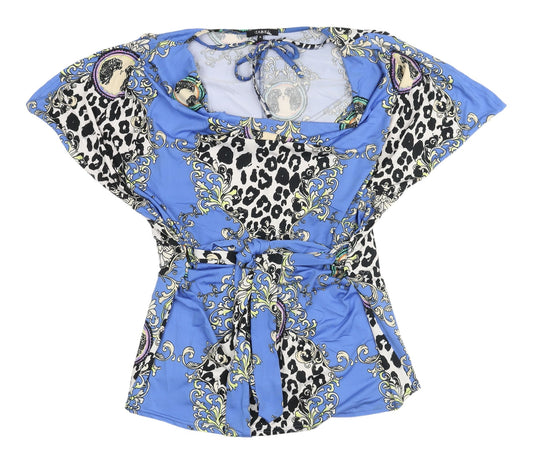 Additional front view of Izabel Women's Blue Tunic Blouse with Animal Print