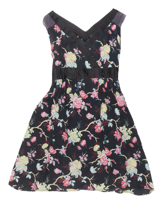 Additional front view of Mela Loves London Black Floral A-Line Dress -, size S, V-Neck