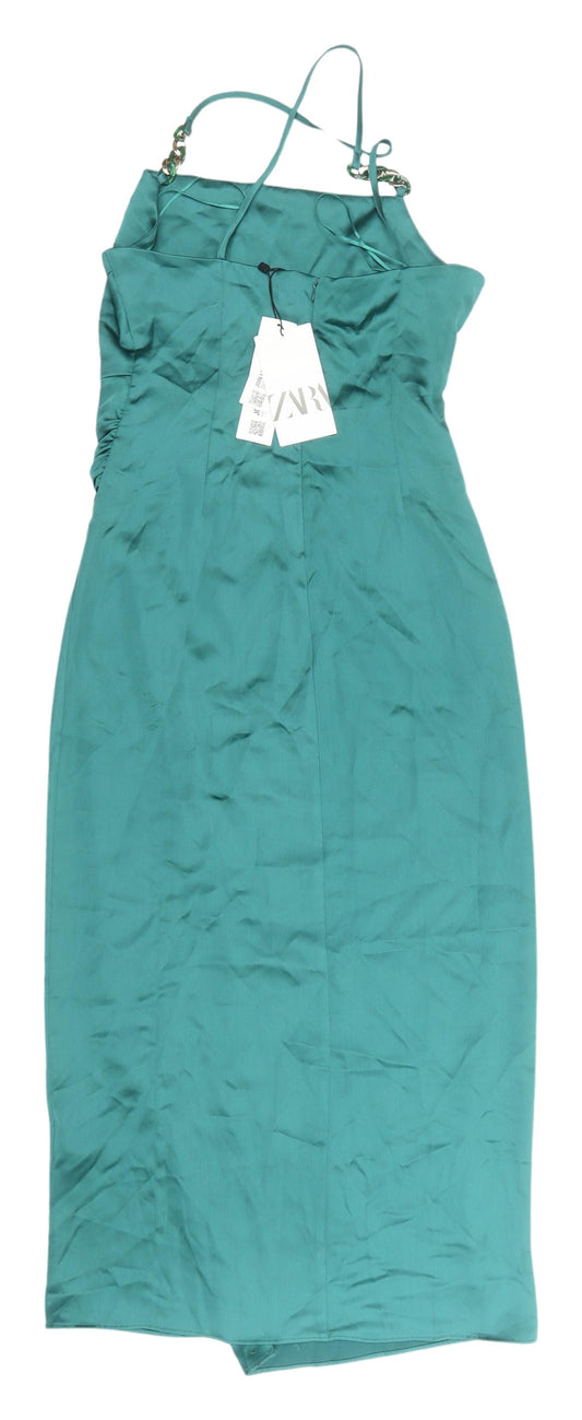Zara Women's Green Satin Slip Dress UK 8