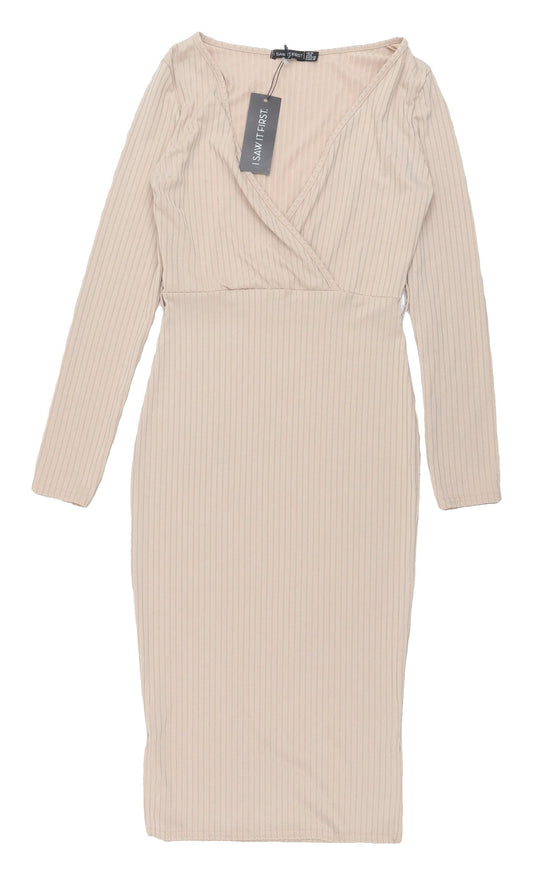 Additional front view of I Saw It First Beige Long Sleeve Bodycon Dress