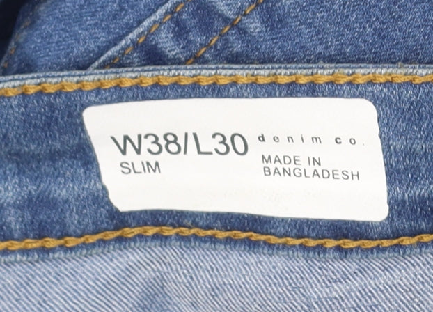 Brand and care label for Denim Co. Slim Blue Jeans, unisex adult, size 38