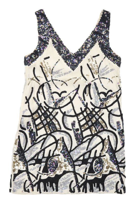 French Connection Sequin Shift Dress - Black/Ivory, Size 10