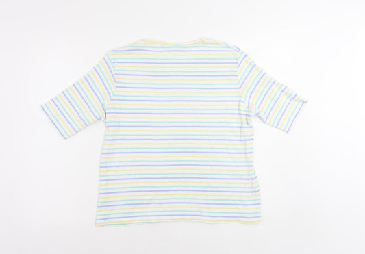 EWM Womens White Striped Cotton Basic T-Shirt Size M Round Neck - Size 14-16