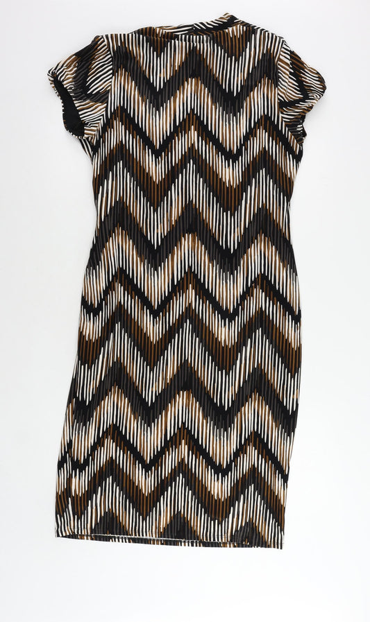 CC Womens Brown Geometric Polyester Sheath Size L V-Neck Pullover