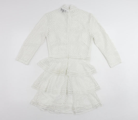 PRETTYLITTLETHING Womens White Polyester Mini Size 8 Mock Neck Zip - Ruffle