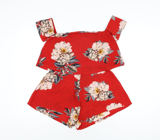 Additional front view of Missguided women’s red floral polyester playsuit one-piece, size UK 6, 3-inch leg zip