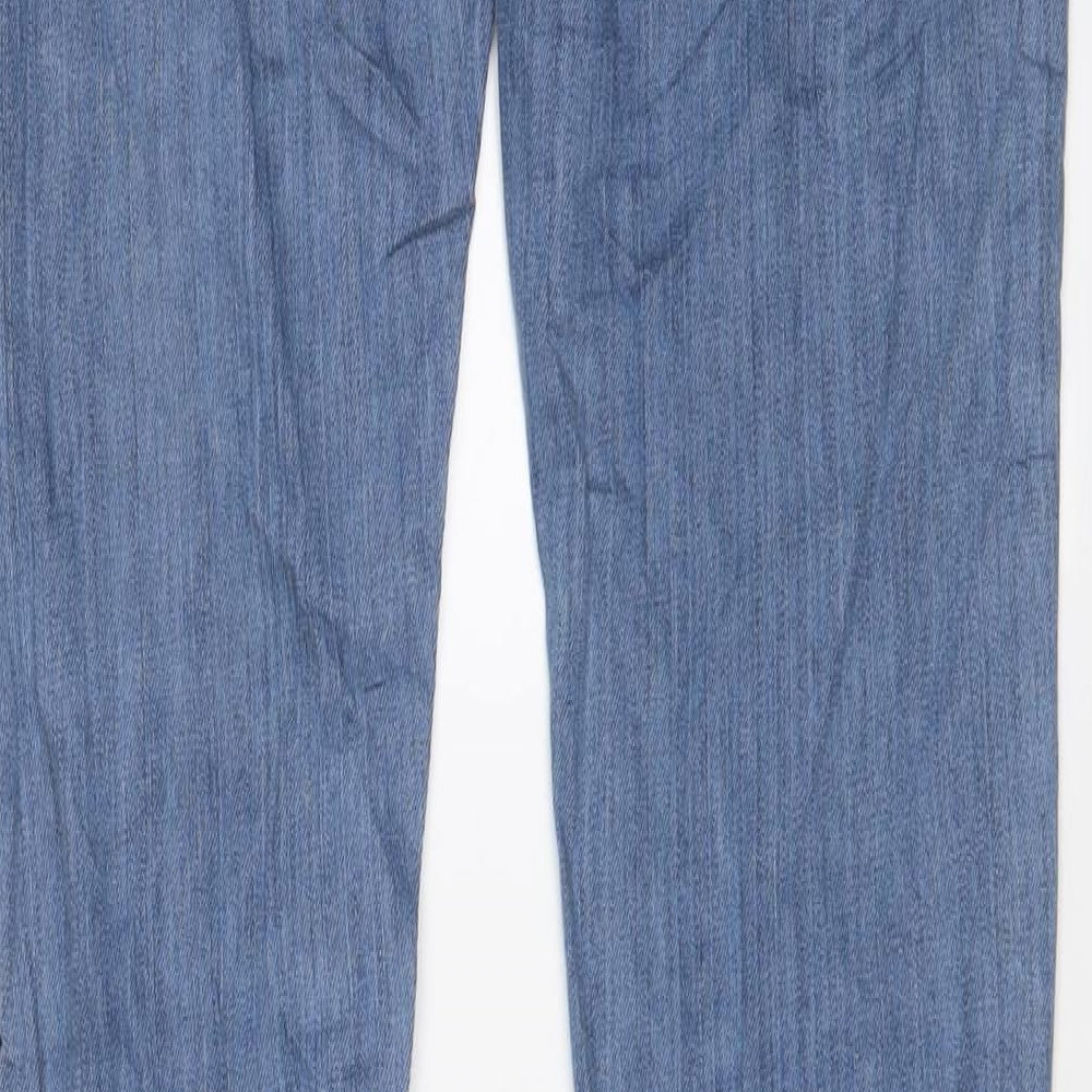 Brand and care label for ASOS women’s blue cotton skinny jeans, size UK 30, in, 36-inch leg regular zip