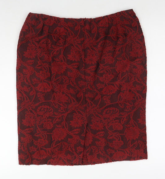 Additional front view of Alex&Co. women’s red floral acrylic a-line skirt, size UK 16, zip